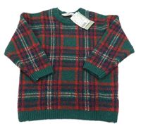 Nové - Tmavozeleno-červeno-tmavomodrý kostkovaný vlněný svetr H&M