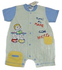 Nové - Bílo-modro-žlutý pruhovaný kraťasový overal se zvířaty a nápisem