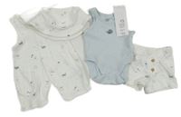 Nové - 4set - Smetanový bavlněný kraťasový overal s mořskými živočichy + kraťasy + klobouk + světlemodré žebrované body F&F