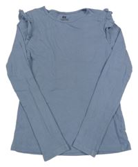 Modrošedé žebrované triko s volánky H&M