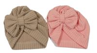 2x žebrovaná turbanová čepice s mašlí - růžová + hnědá