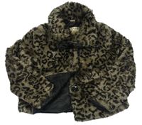 Tmacošedo-černý chlupatý podšitý crop kabátek s leopardím vzorem Tu
