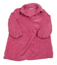 Růžové žebrované sametové šaty s límečkem 