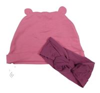 2 set - růžová čepice + fuchsiová čelenka s mašlí 