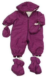 Fuchsiová šusťáková zimní kombinéza s kapucí + rukavice + boty Lupilu