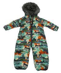 Zeleno-oranžová šusťáková vzorovaná zimní kombinéza s kapucí Next