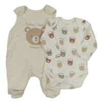 2 set - bílé body s medvědy + smetanové dupačky s medvědem C&A