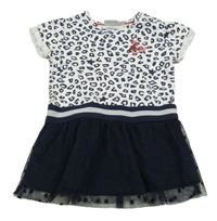 Bílo-tmavomodré vzorované šaty s tylovou sukní 