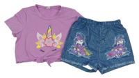 2 set - fialové crop tričko s jednorožcem + modré kraťasy riflového vzhledu s jednorožci Shein