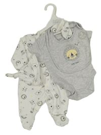 Nové - 5set - Bílý overal se zvířátky + bílá čepička + rukavice + šedé body s lvíčkem + šedý bryndák 