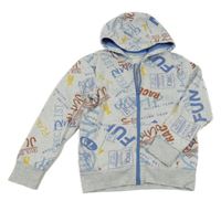 Světlešedo-modrá melírovaná propínací mikina s nápisy a kapucí Kids