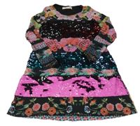 Černo-barevné šaty s květy a flitry Desigual