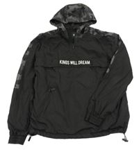 Černo-šedá šusťáková jarní bunda s nápisem a army kapucí 