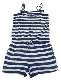 Tmavomodro-bílý pruhovaný kraťasový overal s volánkem 
