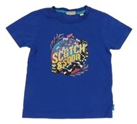 Tmavomodré tričko s nápisem a notami 