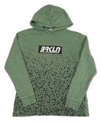 Zeleno-černá mikina s fleky a nápisem a kapucí H&M