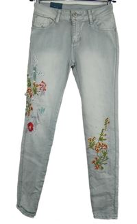 Nové - Dámské šedé skinny rifle s výšivkami a korálky Monday Premium 