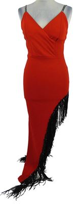 Dámské červené společenské asymetrické šaty s černými třásněmi s flitry 