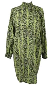 Dámské limetkovo-béžovo-modré vzorované šaty se stojáčkem 