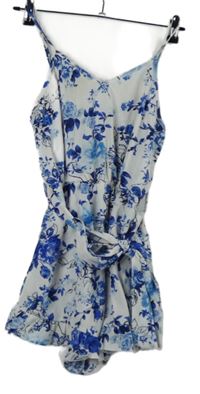 Nové - Dámský bílo-modrý květovaný letní overal s páskem Shein 