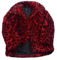 Červeno-černý chlupatý zateplený kabát s leopardím vzorem George
