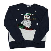 Tmavomodro-bílý svetr se sněhulákem s překlápěcími flitry H&M