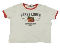 Bílo-červené crop tričko s nápisem a jahůdkami C&A