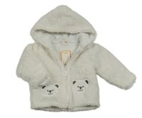 Bílá chlupatá zateplená bunda s medvídky a kapucí Pusblu