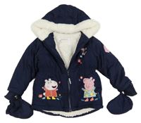 Tmavomodrá šusťáková zimní bunda s Pepinou a kapucí + rukavice Nutmeg