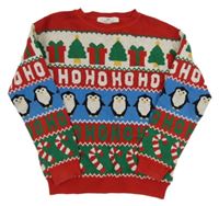 Červeno-barevný vzorovaný vánoční svetr s tučňáky H&M