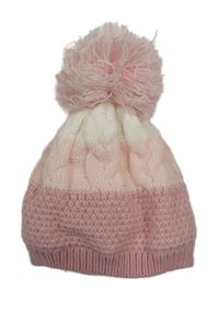 Růžovo-bílá pletená vzorovaná podšitá čepice s bambulí Nutmeg