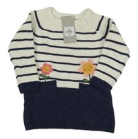 Nové - Bílo-tmavomodré pruhované svetrové šaty s kytičkami Primark