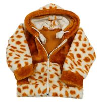 Medovo-bílá vzorovaná chlupatá bunda s kapucí 