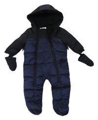 2set - Tmavomodrá šusťáková prošívaná zimní kombinéza s kapucí + rukavice F&F