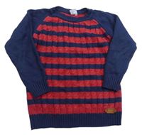 Tmavomodro-červený pruhovaný vzorovaný pletený svetr