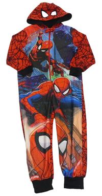 Červeno-modro-černá fleecová kombinéza se Spider-many a kapucí Rebel