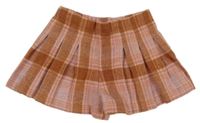 Hnědo-fialovo-broskvové kostkované vlněné sukňové kraťasy Matalan
