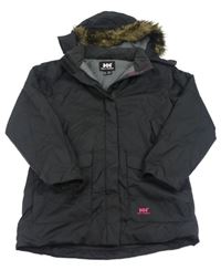 Černý kostkovaný šusťákový funkční zimní kabát s odepínací kapucí s kožešinou HELLY HANSEN