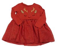 Červené bavlněno/tylové šaty se sobem a zlatými puntíky F&F