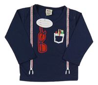 Nové - tmavomodré triko s brýlemi a tištěnými kšandami 