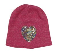Tmavorůžovo-stříbrná melírovaná čepice se srdíčkem z překlápěcích flitrů