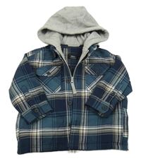 Tmavomodro-petrolejovo-hnědobéžovo-bílá kostkovaná vzorovaná zateplená košilová bunda s teplákovou vsadkou a kapucí Next