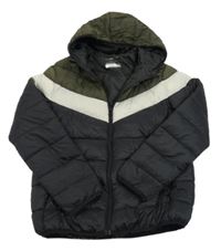 Černo-bílo-tmavokhaki prošívaná šusťáková zateplená bunda s kapucí PRIMARK