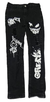 Černé skinny rifle s nápisy a smajlíkem a prošoupáním SHEIN