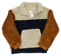 Nové - tmavomodro-smetanovo-hnědá chlupatá mikina s kapsou se smajlíkem George