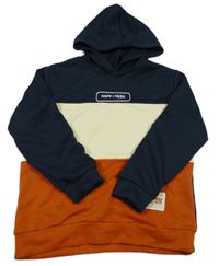 Tmavomodro-smetanovo-medová mikina s nápisy a kapucí SHEIN