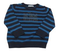 Tmavomodro-modrý pruhovaný svetr s nápisy impidimpi