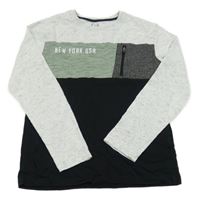 Bílo-khaki-antracitovo-černé melírované triko s nápisem C&A