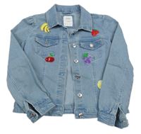 Světlemodrá tepláková riflová crop bunda s ovocem a jahůdkou a límečkem sinsay