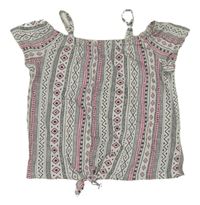 Bílo-černo-růžové vzorované crop tričko s uzlem C&A